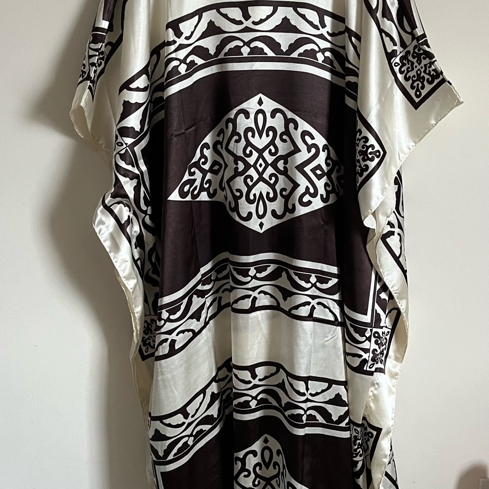 VTG Winlar Silky Art-To-Wear Brown/Cream Pancho Lagenlook Patterned Kaftan OS - Picture 7 of 12